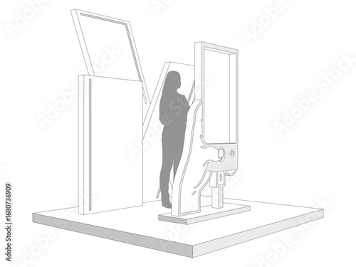 3d photo booth wall of fame hand holding phone cutting digital futuristic decor design syle with blank space logo company for preview event exhibition. Vector editable sketch outline drawing coloring.