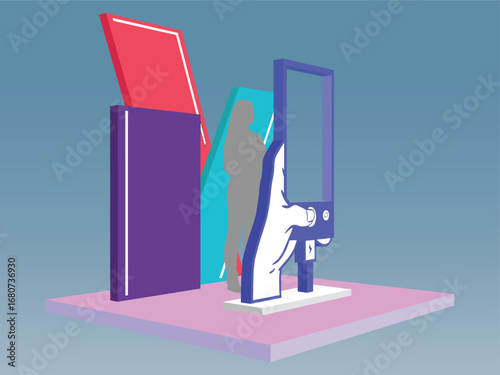 3d photo booth wall of fame hand holding phone cutting digital futuristic decor design syle with blank space logo company for preview event exhibition. Vector editable sketch outline drawing coloring.