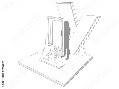 3d photo booth wall of fame hand holding phone cutting digital futuristic decor design syle with blank space logo company for preview event exhibition. Vector editable sketch outline drawing coloring.