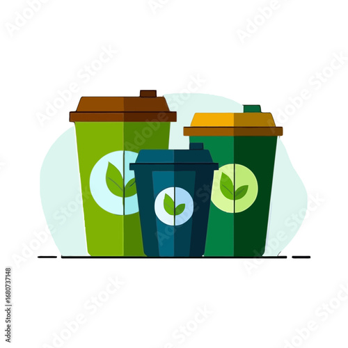 Illustration of three different sized takeaway coffee cups with leaf logo