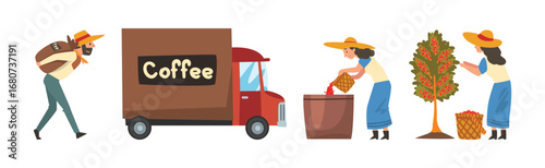 Coffee Production with Man and Woman Farmer Harvest Vector Set
