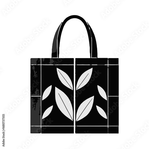 Vector art of black tote bag with white leaves design for shopping and carrying groceries