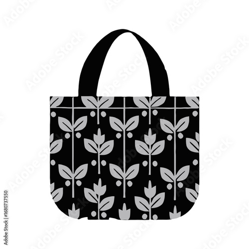 Vector art of black tote bag with white leaves pattern for shopping and carrying groceries
