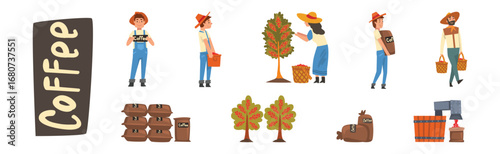 Coffee Production with Man and Woman Farmer Harvest Vector Set