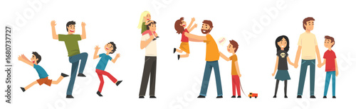Man Father Spending Time with Little Daughter and Son Vector Set