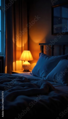 A cozy bedroom scene at night, featuring a soft glow from a bedside lamp illuminating a comfortable bed with plush pillows and blankets , night, sheets, pillows