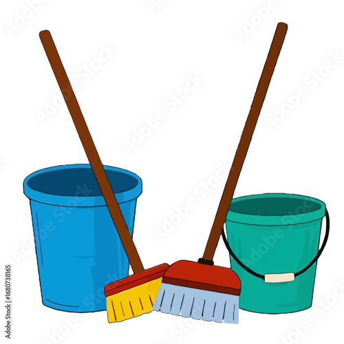 Vector art of two brooms and two buckets, cleaning equipment for housework and domestic chores