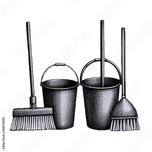 Illustration of cleaning equipment, featuring buckets and brooms for housekeeping
