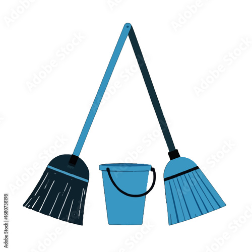 Vector art of two brooms and a bucket, cleaning equipment for housework and domestic chores
