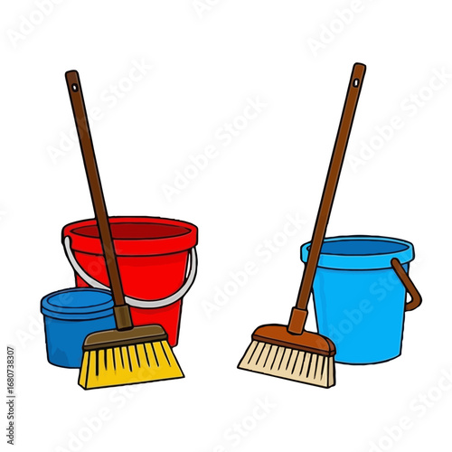 Vector art of cartoon cleaning tools with bucket and broom for housework and domestic chores