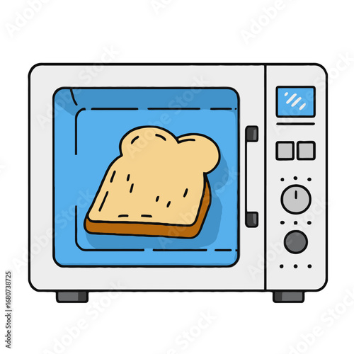 Illustration of a white microwave oven with a slice of toast inside