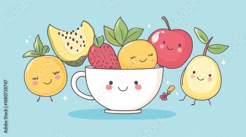 Cute cartoon fruits in a cup