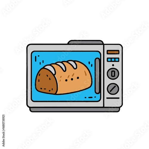 Vector art of cartoon microwave oven with loaf of bread