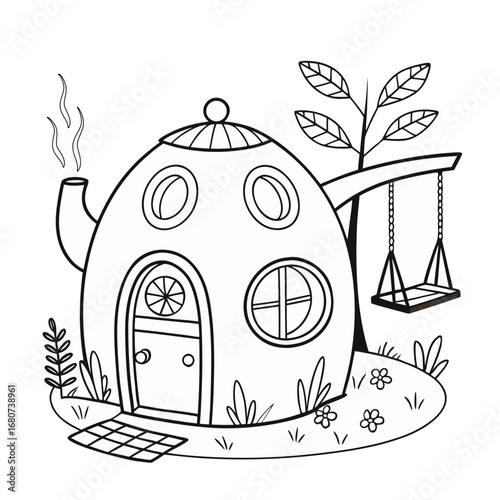 Hand drawn vector illustration of teapot house with swing coloring page