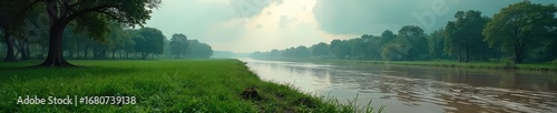 A dramatic landscape photograph depicting a flooded field, submerged trees, and a murky, overflowing river  The scene showcases the devastating power of nature's fury  , vegetation, flood