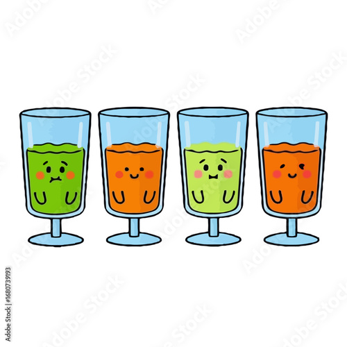 Vector art of cute cartoon juice glasses with different expressions healthy and fresh beverage