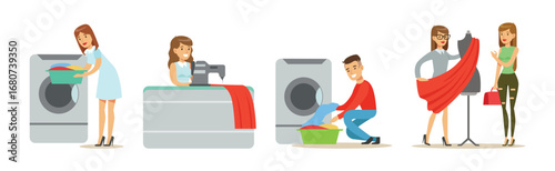 Dry Cleaning and Laundry Service with People Character Vector Set