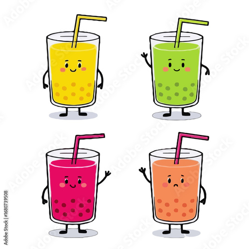 Vector art of cute kawaii bubble tea drinks for kids and children, set of four