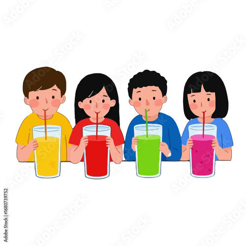 Vector art of group of four young people drinking colorful smoothie