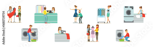 Dry Cleaning and Laundry Service with People Character Vector Set