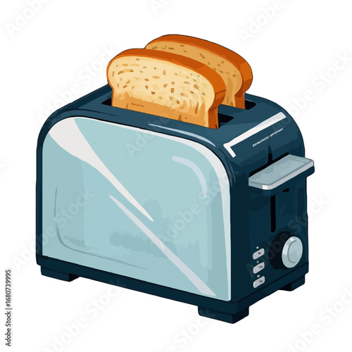 Vector art of a blue toaster with two slices of bread, a kitchen appliance for making toast