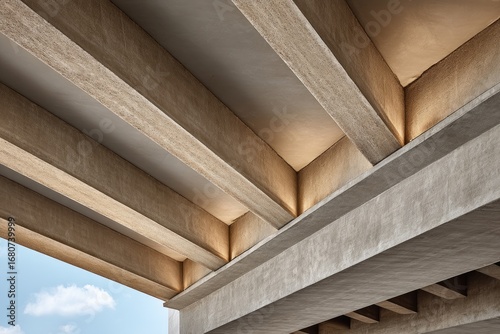 Concrete bridge beams, lit from below, angled view