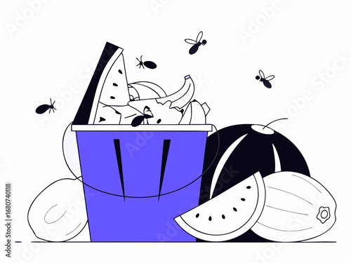 Bucket overflowing with fresh fruits and buzzing flies