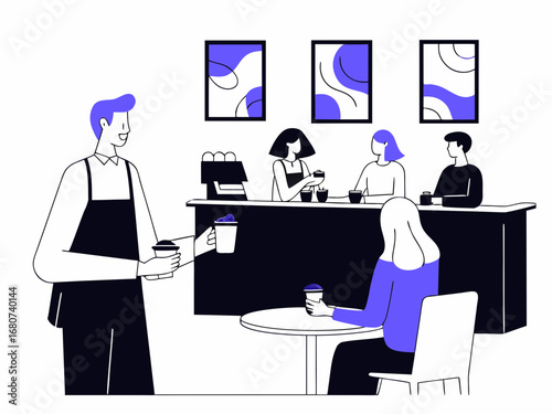 Coffee shop with baristas and customers cafe serving