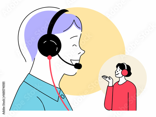 Customer service representatives communicating with headsets