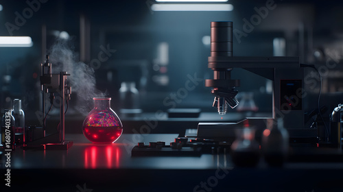Modern Laboratory Setting With Glowing Red Flask And Microscope