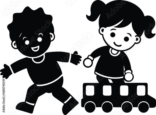 Diverse cartoon kids playing with a toy train