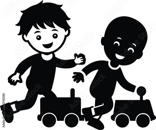 Happy children playing together with toy trains