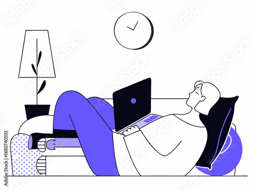 Person working on laptop while reclining on sofa remote work