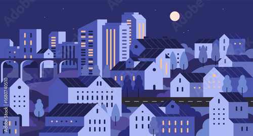 Geometric cityscape at night. Modern city with highrise houses, office buildings in moon light. Town landscape with districts, skyscrapers, streets, road. Urban architecture. Flat vector illustration