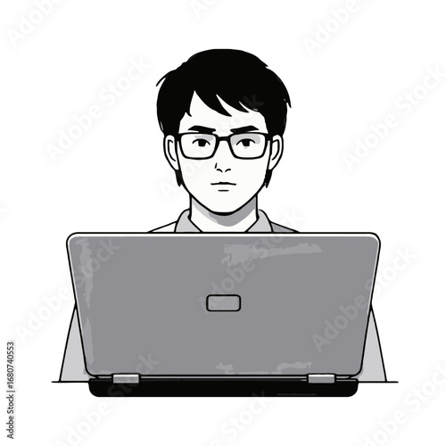 Vector art of young asian man working on laptop, front view, digital illustration
