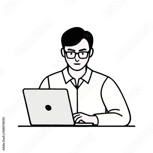 Vector art of young man working on laptop, front view, digital illustration, line art style