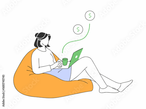 Woman relaxing with laptop and earning money beanbag