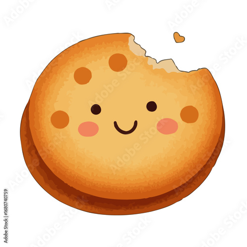 Vector art of cute bitten cookie character with a happy face and rosy cheeks