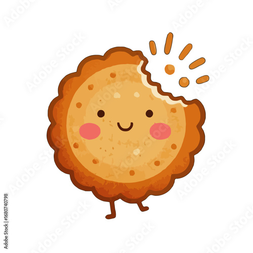 Vector art of cute bitten cookie character with a happy face and rosy cheeks