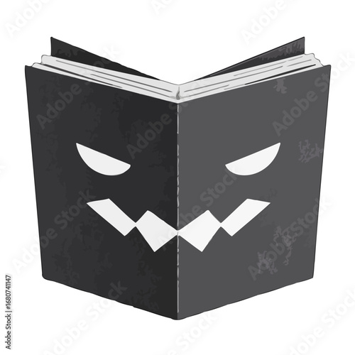 Vector art of a black book with a scary monster face on the cover