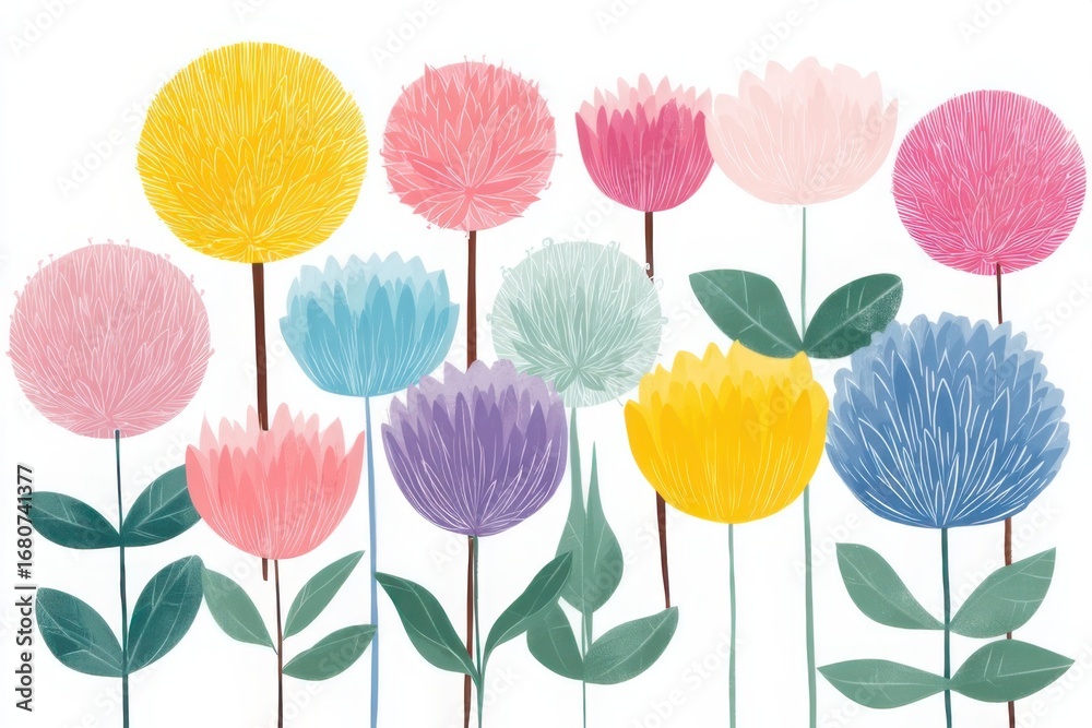 Obraz premium The flowers have round, fluffy heads in various pastel colors, growing from slender stems with simple green leaves