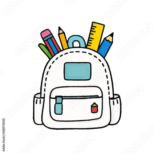 Vector art of white school backpack with stationery supplies for education and learning concept