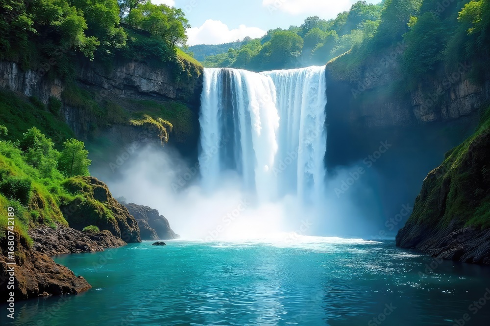 Naklejka premium Majestic Waterfall Cascading Down Rocky Cliffs A Stunning Display of Natures Raw Power