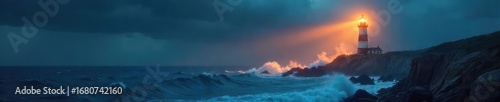A powerful lighthouse beam cuts through the stormy night, illuminating the turbulent sea The beam sweeps across the waves, offering a beacon of hope amidst the darkness , dark, dramatic