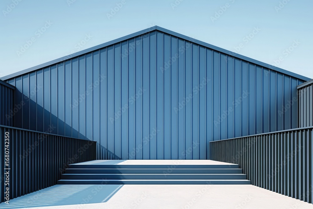 Fototapeta premium Minimalist blue metal building facade with vertical stripes featuring blue steel stairs and open space on ground floor