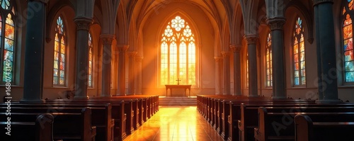 Sunlit Church Sanctuary Peaceful Interior with Stained Glass and Dust Motes, Inspiring Faith, Hope, and Spirituality. Perfect for Religious, Spiritual, and Worship Themes.