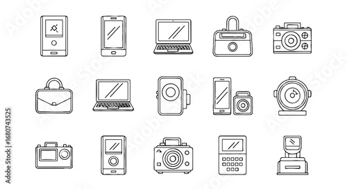 Electronics and accessories in outline. Technology, devices, communication, gadgets, audio, photo, bags, briefcase, mp3, phone, laptop, speaker, camera, accessories.