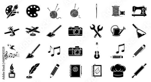 Collection of various hobbies and creative art icons. Crafts, music, photography, sewing, writing, cooking, art projects, crafting equipment, tools, recreation.