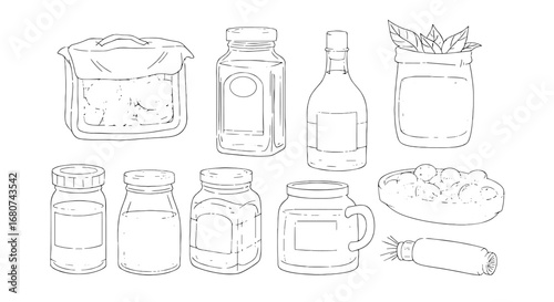 Line drawing of jars and containers. Storage, food, drink, ingredients, kitchen, utensils, glass, packaging, canning, preservation.
