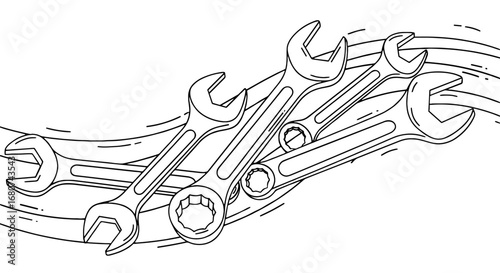 Wrenches arranged with motion lines. Tools for repair, maintenance, construction, engineering, mechanic, service.